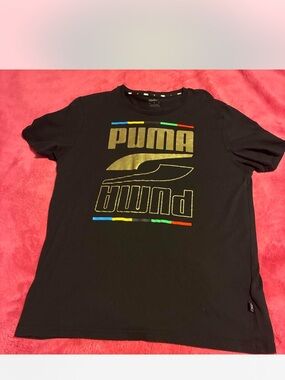 Puma Black Tee with Gold Logo and Multicolor Accents